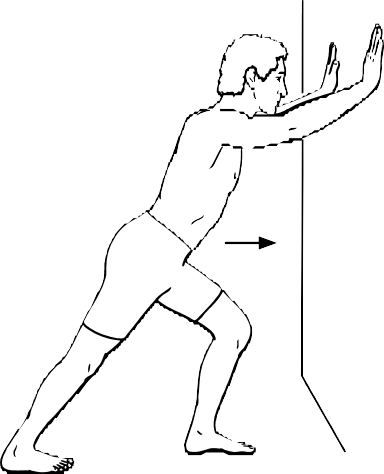 Face the wall and place hands on wall at shoulder height, bend one leg. Lean forward over hips until you feel a stretch in the back of the straight leg.